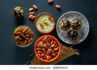 Home Made Tasty Diwali Food Snacks,sweets With Dry Fruits In White Bowls, Favourite Recipe Of India.  Lohri Festival Kheer 