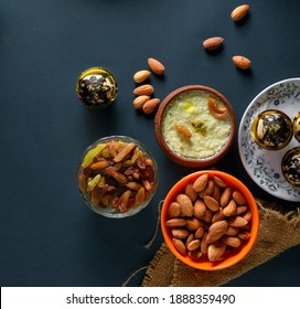 Home Made Tasty Diwali Food Snacks,sweets With Dry Fruits In White Bowls, Favourite Recipe Of India.  Lohri Festival Kheer 