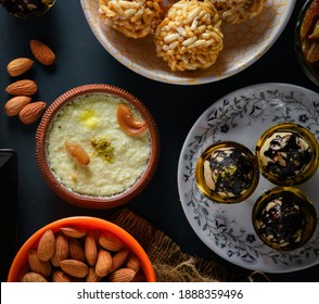 Home Made Tasty Diwali Food Snacks,sweets With Dry Fruits In White Bowls, Favourite Recipe Of India.  Lohri Festival Kheer 