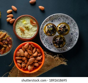 Home Made Tasty Diwali Food Snacks,sweets With Dry Fruits In White Bowls, Favourite Recipe Of India. Lohri Festival Kheer