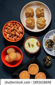 Home Made Tasty Diwali Food Snacks,sweets With Dry Fruits In White Bowls, Favourite Recipe Of India. Lohri Festival Kheer