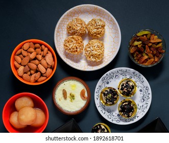 Home Made Tasty Diwali Food Snacks,sweets With Dry Fruits In White Bowls, Favourite Recipe Of India. Lohri Festival Kheer