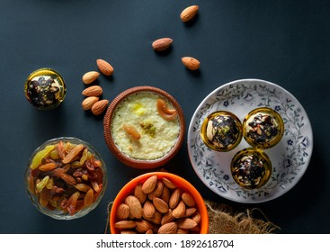 Home Made Tasty Diwali Food Snacks,sweets With Dry Fruits In White Bowls, Favourite Recipe Of India. Lohri Festival Kheer