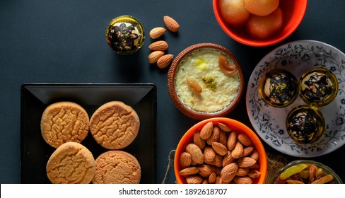 Home Made Tasty Diwali Food Snacks,sweets With Dry Fruits In White Bowls, Favourite Recipe Of India. Lohri Festival Kheer