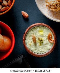 Home Made Tasty Diwali Food Snacks,sweets With Dry Fruits In White Bowls, Favourite Recipe Of India. Lohri Festival Kheer