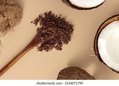 Home Made Texture Scrub With Cinnamon Coffee Coconut On Brown Background. Spa And Home Care Concept, Beauty Procedures