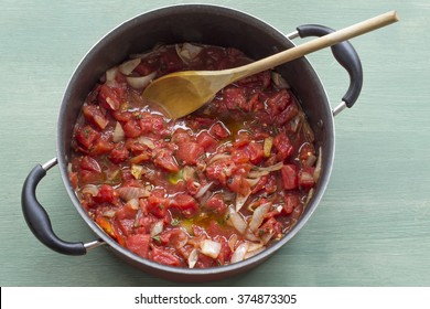 Home Made Tomato Sauce Stewing And Cooked In Pot