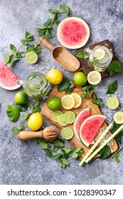 Home Made Watermelon, Lemon And Lime Lemonade With Fresh Mint And Crushed Ice, Decorated With Olive Tree Scoop And Juice Maker. Top View