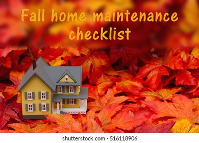 Home Maintenance Checklist For The Fall Season, Some Fall Leaves And Yellow And Gray House With Text Fall Home Maintenance Checklist