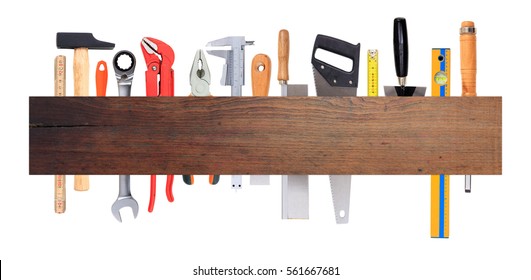 Home Maintenance, Service, Diy Concept. Set Of Hand Tools On White Background, Wooden Banner, Space For Text