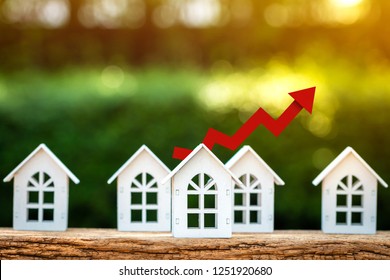 Home model and red arrow graph with growing value put on the wood in the public park, Business investment the real estate concept.