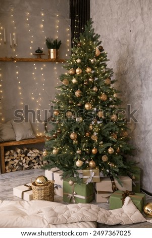 Home New Year's interior. Christmas tree with gifts, decorated with garlands. Cozy atmosphere of a home holiday, loft design of the room, Scandinavian style
