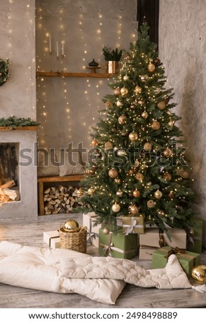 Home New Year's interior. Christmas tree with gifts, decorated with garlands. Cozy atmosphere of a home holiday, loft design of the room, Scandinavian style