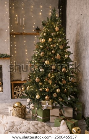 Home New Year's interior. Christmas tree with gifts, decorated with garlands. Cozy atmosphere of a home holiday, loft design of the room, Scandinavian style