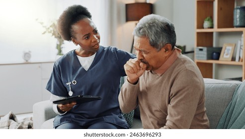 Home, nurse and senior man with cough or tablet in consultation with support or help. Sick, patient or elderly caregiver with person in hospice with lung cancer, tuberculosis or breathing with asma - Powered by Shutterstock