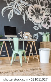 Home Office With Blackboard Wall, Chair, Computer And Desk