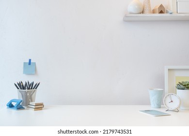 Home Office, Creative Desk With Office Supplies And White Wall.
