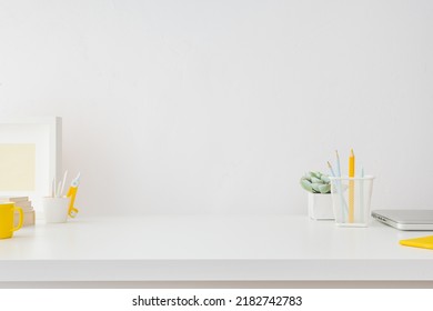 Home Office, Creative Desk With Office Supplies And Empty Table Space.
