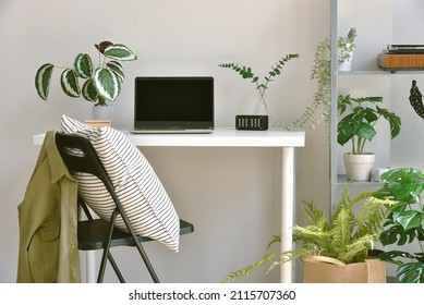 Home office decorate with green nature tree plants, Workspace and laptop computer on desk, Artificial houseplant for home and living room interior.