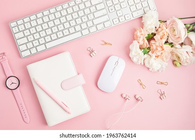 Home Office Desktop And Carnation Flowers. Modern Workspace With Notebook, Office Stationary. Freelance Business, Organization, Wedding Planning Flat Lay