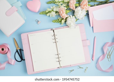 Home Office Desktop And Flowers. Modern Workspace With Notebook. Freelance Business, Organization, Wedding Planning