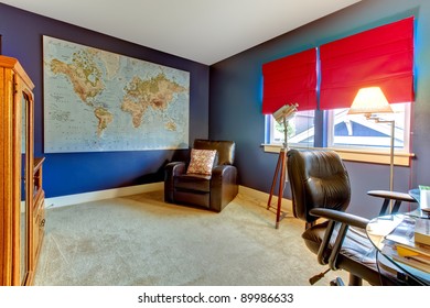 Home Office Interior In Blue With Red Curtains.