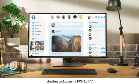 At Home Office: PC Monitor Standing On Adjustable Table With Social Media Wall Feed, Live Stream Videos, Posts, Pictures. Mock-up Posts: Creativity, Tech, News, Science, Lifestyle Content.