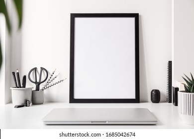 Home Office With Poster Frame Mockup,  Accessories, Succulent And Black And White Objects.