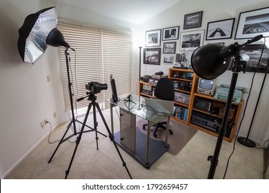 Home Office Set Up As Vlogging Studio With Lights, Camera And Tripod For Work, School Or Socialising.  