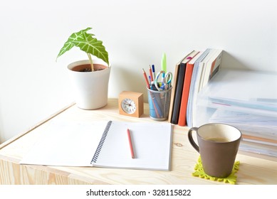 Home Office Table With Stationary And Coffee