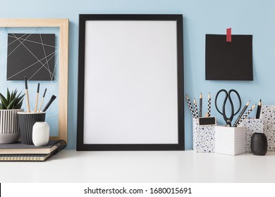 Home Office Workspace With Poster Frame Mockup, Memo Board, Accessories And Succulent.