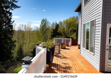 Home Outdoor Cedar Wood Backyard Deck Just Freshly Stained During Early Spring Season