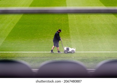 Home Park - Football (Soccer) Stadium - Plymouth Argyle FC, Plymouth, Devon, UK - December 1st 2020:  Grounds staff prepare the football pitch and stadium. Line marking.