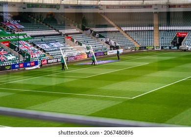 Home Park - Football (Soccer) Stadium - Plymouth Argyle FC, Plymouth, Devon, UK - December 1st 2020: Grounds staff prepare the football pitch and stadium ahead of Plymouth Argyle hosting Rochdale.