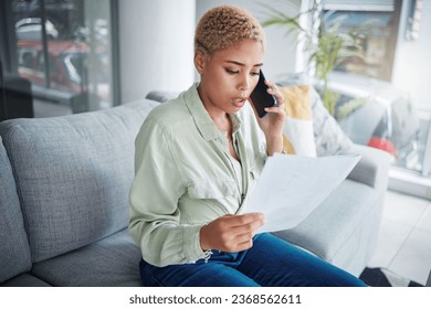 Home, phone call and serious woman with paperwork, bills and connection with network and contact. Person, customer and girl with documents and upset with discussion, communication and planning - Shutterstock ID 2368562611