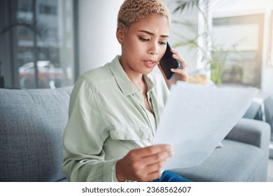 Home, phone call and woman with documents, stress and connection with network. Person, customer and girl with paperwork, serious and contact with discussion, communication and frustrated with debt - Shutterstock ID 2368562607