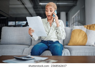 Home, phone call and woman with documents, surprise and connection with network, contact and app. Person, customer and girl with paperwork, wow or speaking with discussion, communication and shocked - Shutterstock ID 2368562617