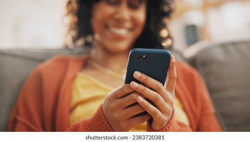 Home phone, hands or happy woman relax, smile and typing online search, customer experience review and check app. Living room couch, smartphone scroll or person reading blog, article or communication - Powered by Shutterstock