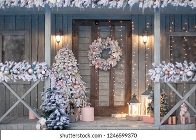 Home Porche Decorated With Snow Covered Branches Of A Christmas Tree. Christmas Decor, Snowy Mood, Winter Still Life.