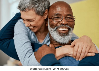 Home, portrait and mature couple with hug, embracing love and bonding together in bedroom. Interracial marriage, senior husband and happy wife with dating, romance and affection with care in house - Powered by Shutterstock