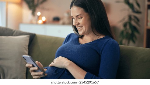 Home, pregnant woman and smartphone with smile for social media, reaction and notification on sofa. Couch, future mother and happy with mobile app for pregnancy post, relax and online interaction - Powered by Shutterstock