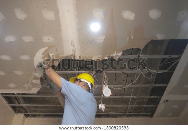 Home Renovate Man Fix Ceiling Water People Interiors Stock Image
