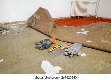 Home Renovation, Carpet Remove In A Room, Tools