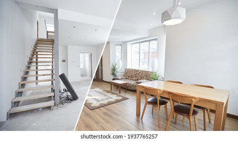 Home Renovation Concept. Before And After Interior In Modern Style