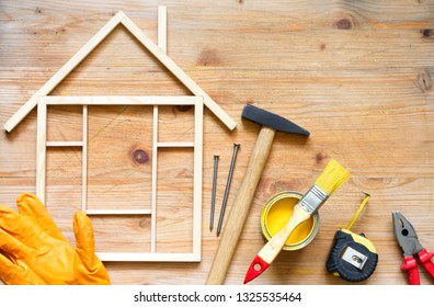 Home renovation construction diy abstract background with tools on wooden board