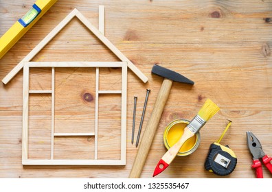 Home Renovation Construction Diy Abstract Background With Tools On Wooden Board