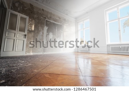 home renovation, empty room before and after refurbishment or restoration 