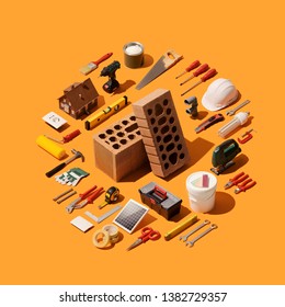 Home Renovation, Remodeling And DIY: Bricks, Isometric Tools And Equipment Collection