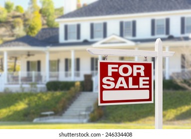 Home For Sale Real Estate Sign in Front of Beautiful New House. - Shutterstock ID 246334408