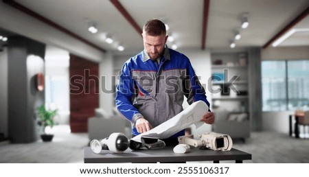 Home Security CCTV Camera Plan Project. Male Technician